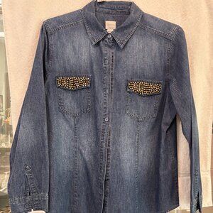 Chicos Size 2 Western Denim Shirt with Bling
